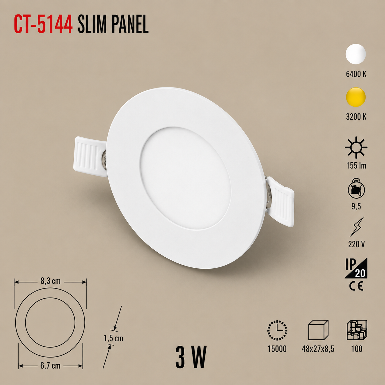 CT-5144 CATA Slim Panel 3W - Beyaz Işık